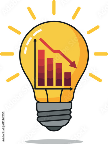 Lightbulb with graph showing downward trend representing financial decline.