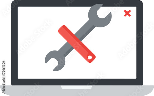 Laptop screen displaying wrench crossed by red bar indicating system error or repair needed.