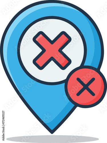 Location marker with red cross symbol indicating cancellation or removal.