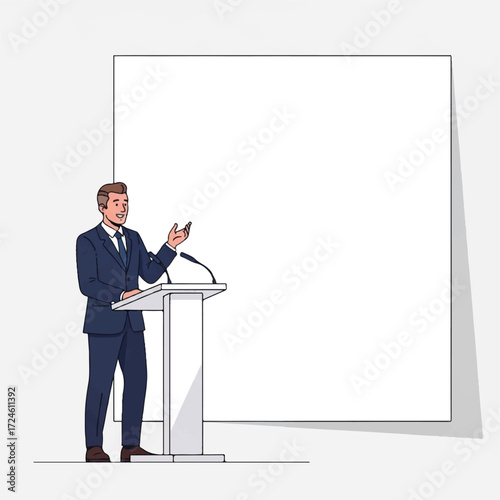 Businessman giving a presentation at a podium in front of a blank whiteboard.