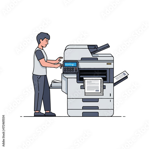 A man operating a large office multifunction printer, making copies or printing documents in a modern work environment.