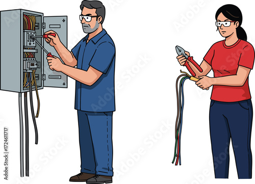 Cartoon Industry Icons Featuring Technicians Handling Wires and Panel, Focused Mood, Electrical Theme, and Hands-On Maintenance Scene