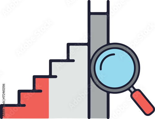 Magnifying glass examining the steps of a staircase representing progress and growth.