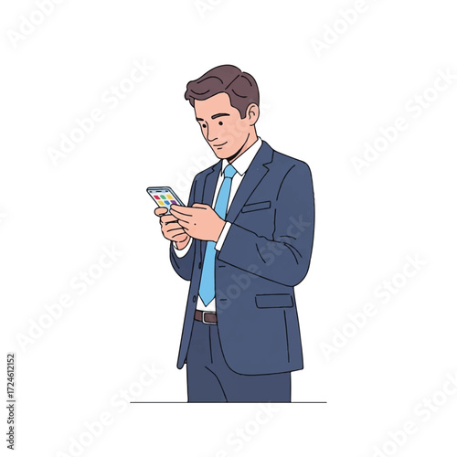 A man in a suit and tie looking at his smartphone, with a slight smile on his face.