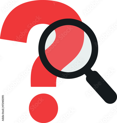 Magnifying glass examines a red question mark symbol to find answers.