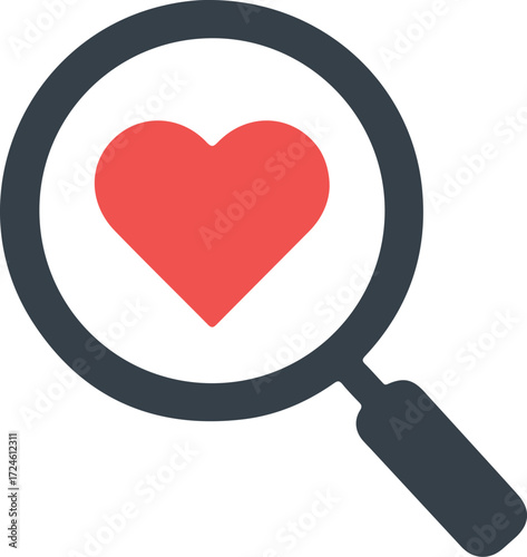 Magnifying glass focuses on a red heart symbol representing love and care 1.