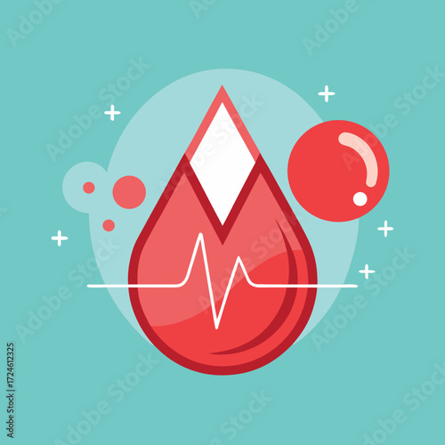 Blood drop with heartbeat line and medical symbols