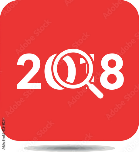 Magnifying glass focuses on the year 2018 highlighting the concept of searching and discovery.