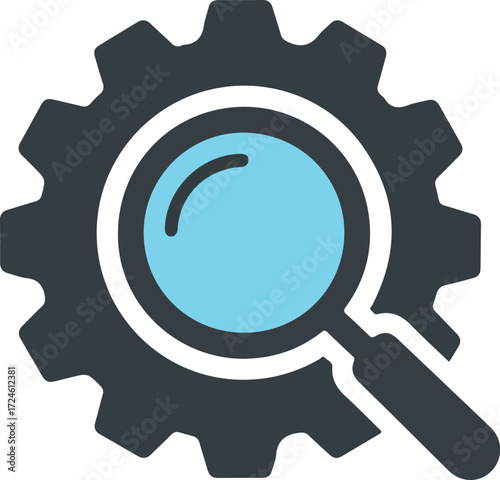 Magnifying glass gear search concept for business and technology.