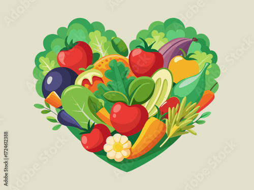 Heart shaped arrangement of fresh vegetables and greens