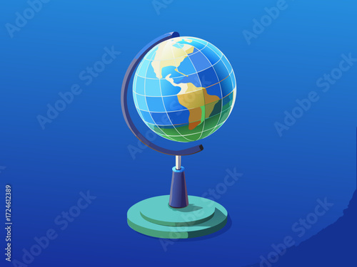 Stylized globe on a stand with blue background