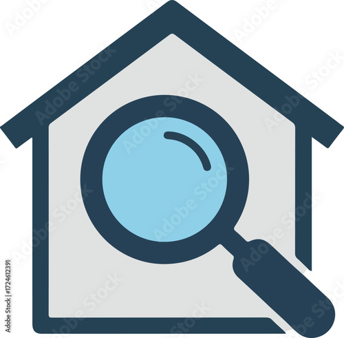 Magnifying glass over house icon for real estate search and inspection.
