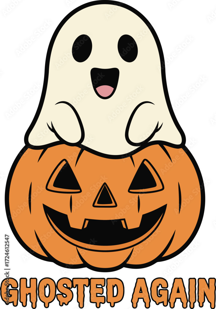 Fototapeta premium Cute Halloween Ghost Sitting on Jack-O’-Lantern Pumpkin illustration