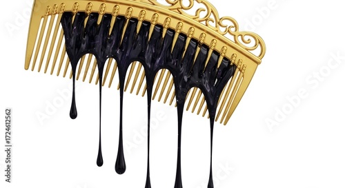 Hair Dye Drip Conceptual Image of Black Dye Flowing from a Golden Comb