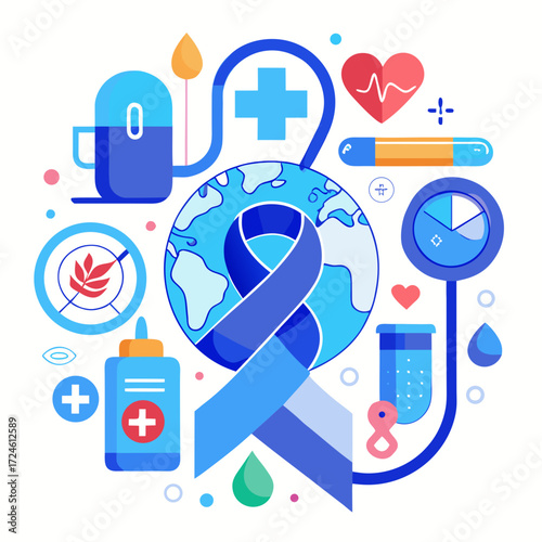 Global health awareness with medical symbols and blue ribbon