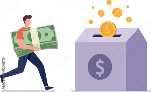 Man carrying money running towards donation box for savings.