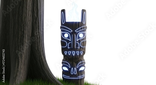 Modern Glowing Totem Pole with Radiant Blue Light and Intricate Carvings, Blending Ancient Culture with Futuristic Artistry, Beside a Majestic Tree Trunk