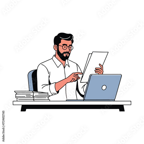 Describe the image in 6 to 180 characters, avoiding keyword lists. The image shows a man working at a desk with papers and a laptop.