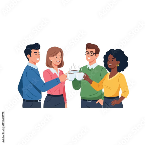 Illustration of four diverse colleagues toasting coffee cups, celebrating a success together.