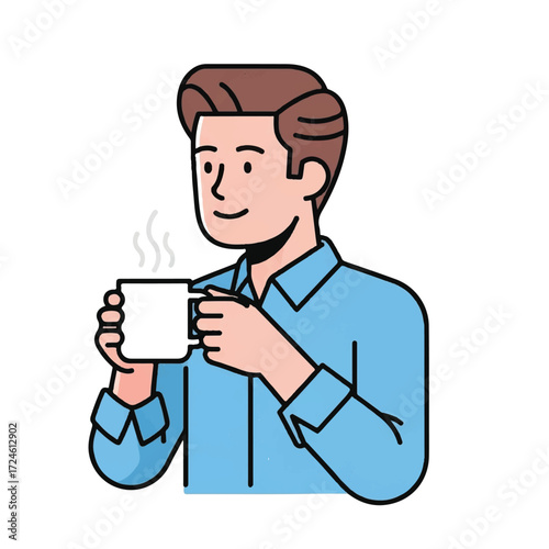 Man in light blue shirt enjoying a hot drink.