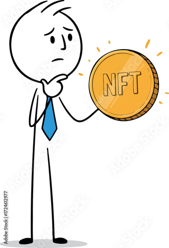 Man contemplates NFT coin pondering digital asset value and future.