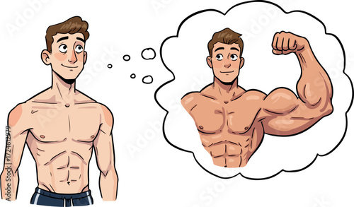 Man dreaming of muscular physique and body building goals.