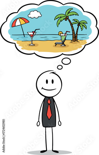 Man dreaming of a beach vacation with cocktails and relaxation.