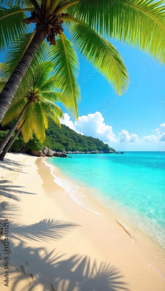 Obraz premium Sun-Drenched Beach Paradise Turquoise Waters, Golden Sands, and Swaying Palm Trees ? Perfect for Summer Travel and Vacation Marketing