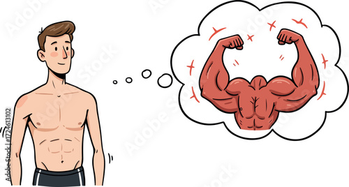 Man dreaming of muscular physique and body building goals 1.
