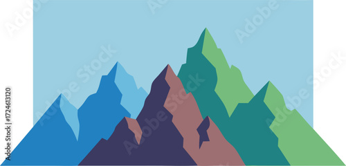 Modern illustration of overlapping mountain peaks in various colors and geometric shapes, suitable for nature, landscape, or outdoor-themed creative projects
