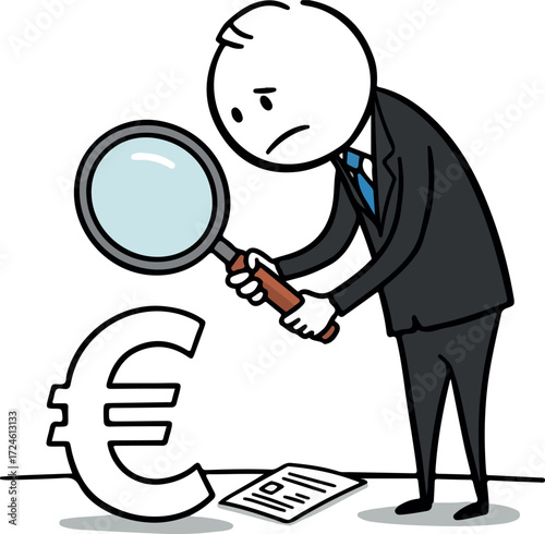 Man examines Euro symbol with magnifying glass financial investigation concept.