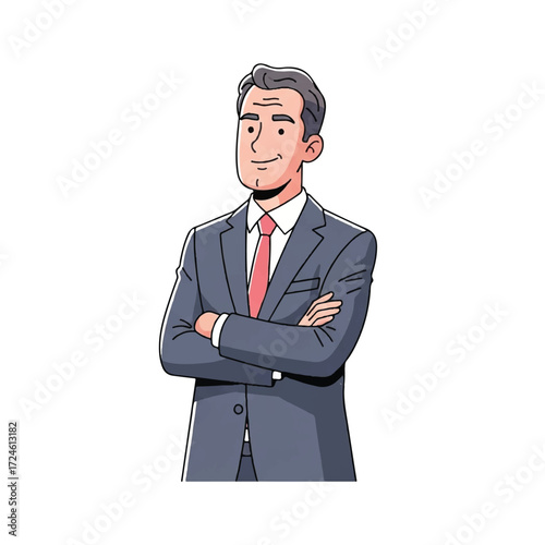 Confident businessman in a suit, arms crossed, smiling.