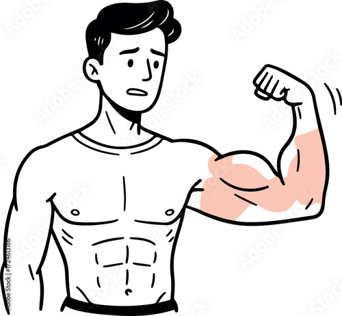 Man flexing arm muscles showing strength and fitness with concern.