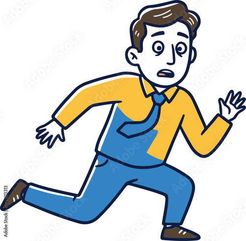 Man in a hurry running away with a worried expression on his face.