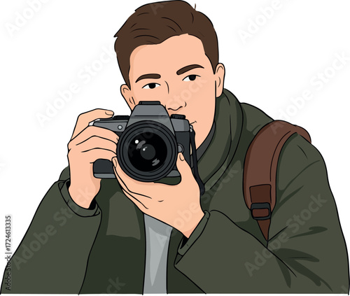 Man holding camera taking photo capturing moment with professional equipment.