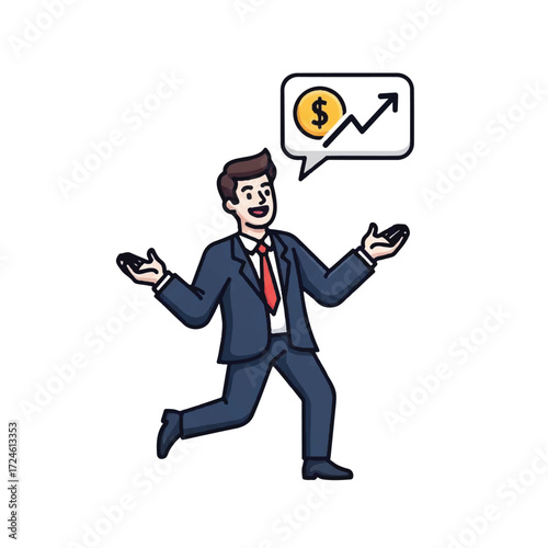 Happy cartoon businessman in a suit with a speech bubble showing financial growth and a dollar sign, symbolizing success and investment.
