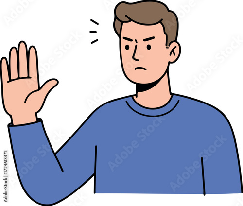 Man expressing disapproval with hand gesture and stern expression.