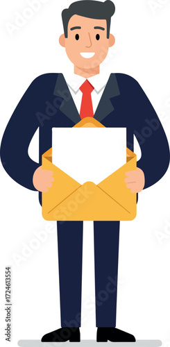 Man in suit holding an open envelope with a blank paper.