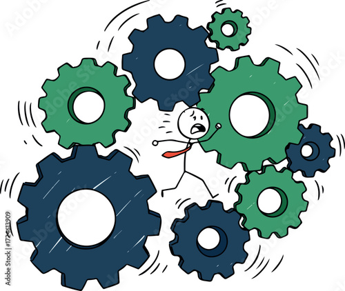 Man running from gears representing complex business processes.