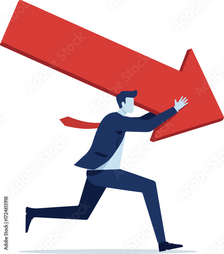 Man running away from a large red arrow representing financial decline.