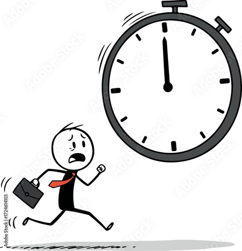 Man running late with briefcase and a giant clock showing time.