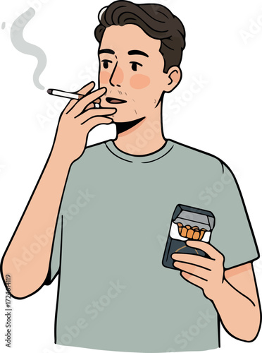 Man smoking cigarette holding pack of cigarettes in his pocket.