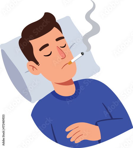 Man sleeping with cigarette in mouth dangerous habit health risk.