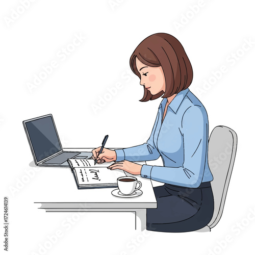A focused young woman with short brown hair, wearing a blue shirt, sits at a white desk, writing in a notebook with a pen, next to a silver laptop and a cup of coffee.