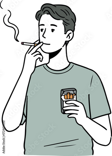 Man smoking cigarette holding pack of cigarettes in his hand.