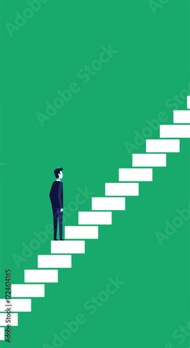 Man standing on stairs looking up towards success and future goals.