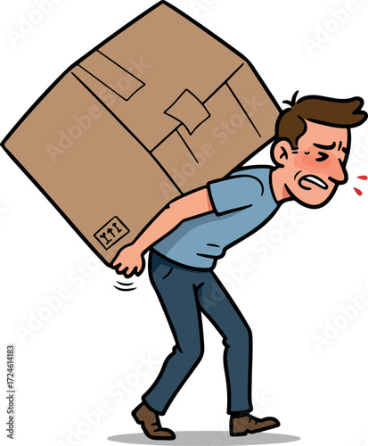 Man struggles with heavy box on his back showing strain and effort.