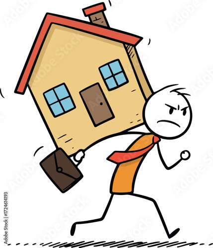 Man struggles carrying house representing financial burden and stress.