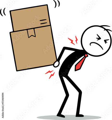 Man struggles to carry heavy boxes experiencing back pain and discomfort.