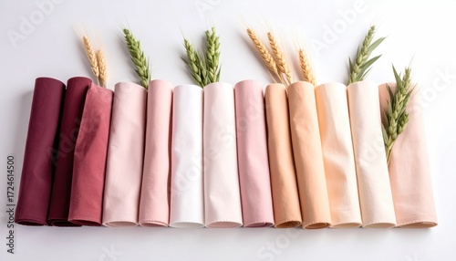 Row of folded fabric squares in gradient colors, flanked with sprigs of wheat on a white background, conveying warmth and natural textures